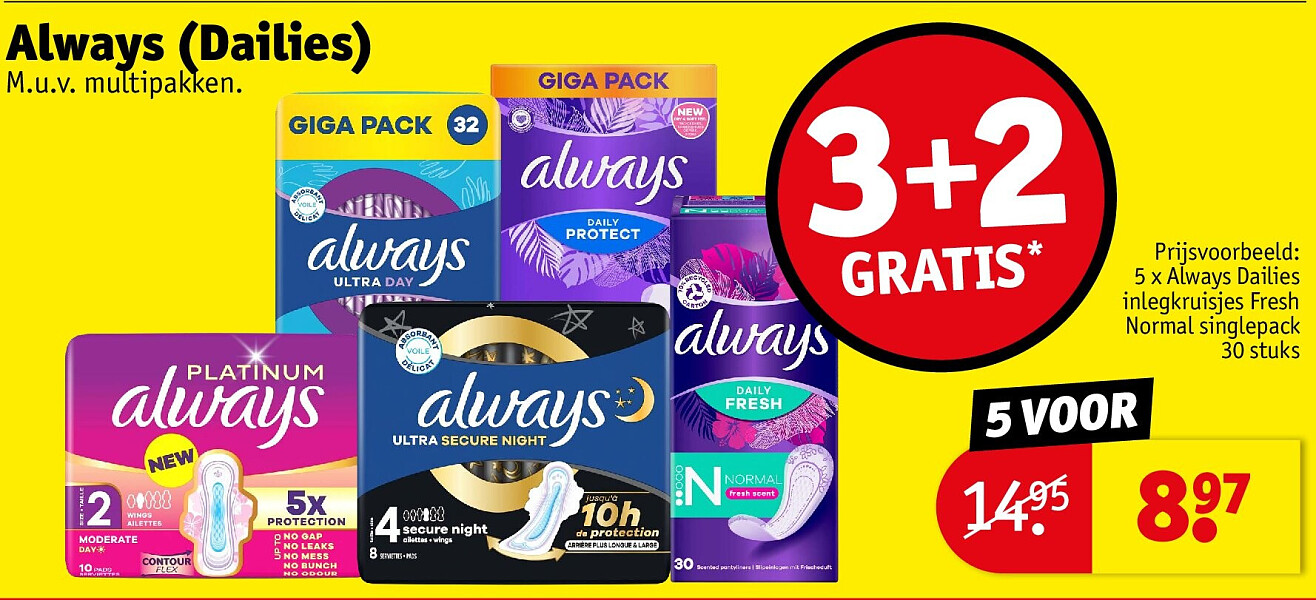 5 x Always Dailies inlegkruisjes Fresh Normal singlepack 30 stuks