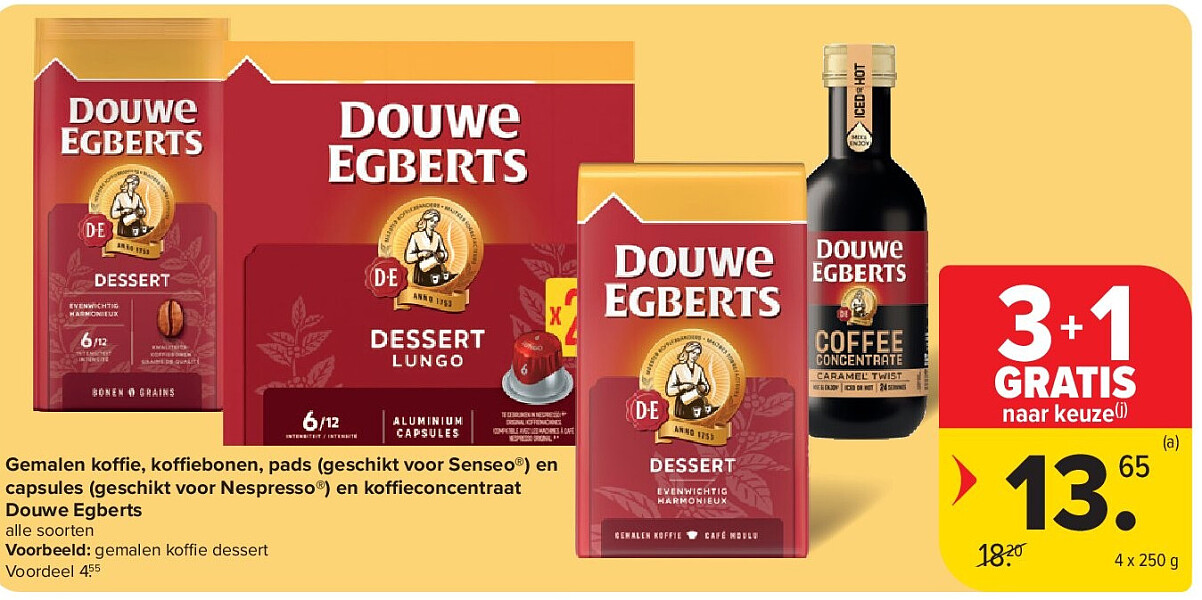 Gemalen koffie, koffiebonen, pads (geschikt voor Senseo®) en capsules (geschikt voor Nespresso®) en koffieconcentraat Douwe Egberts