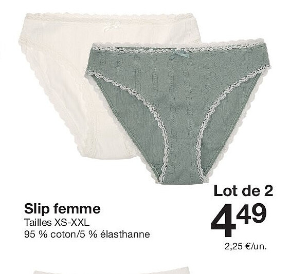 Slip femme Tailles XS-XXL 95 % coton/5 % élasthanne