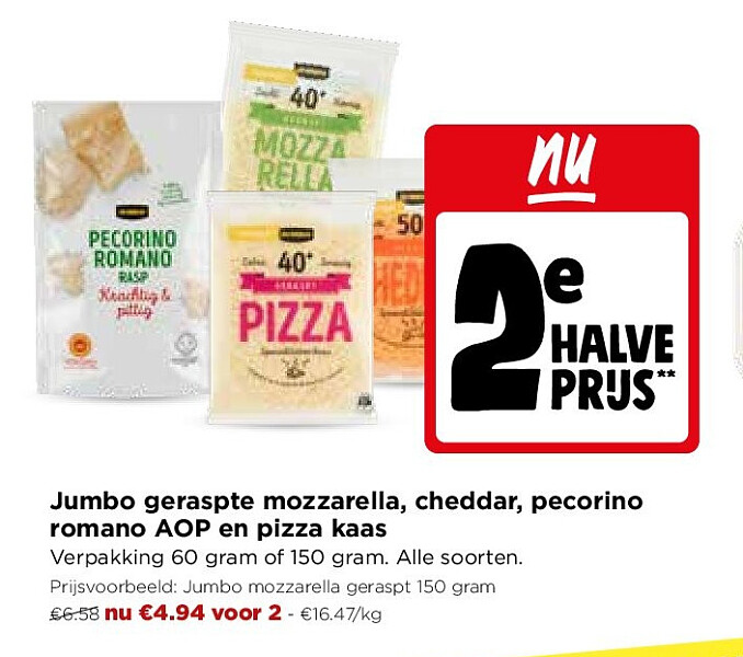 Jumbo geraspte mozzarella, cheddar, pecorino romano AOP en pizza kaas