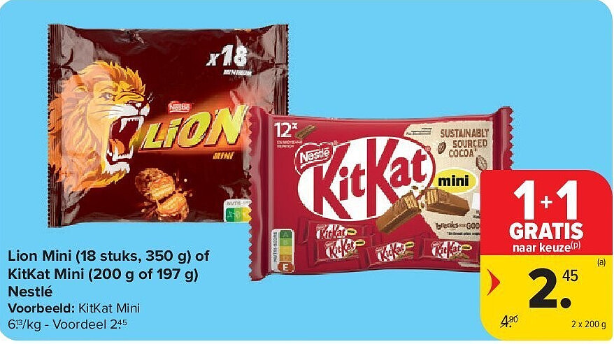 Lion Mini (18 stuks, 350 g) of KitKat Mini (200 g of 197 g) Nestlé