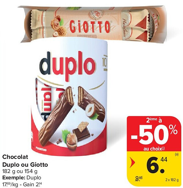 Chocolat Duplo ou Giotto 2 x 182 g