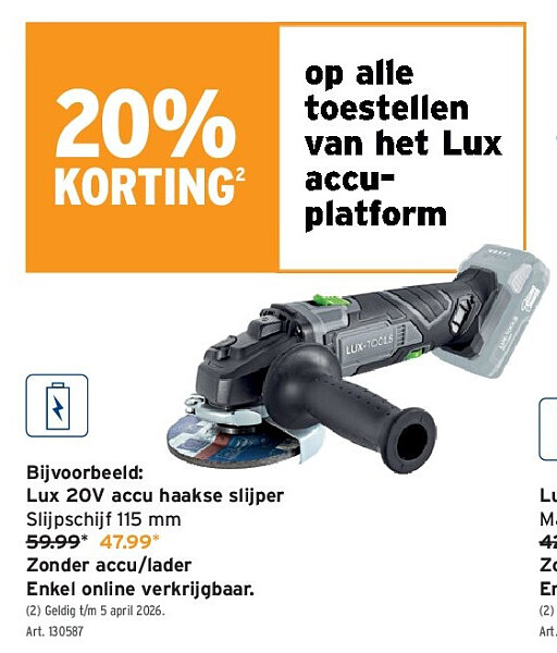 Lux 20V accu haakse slijper