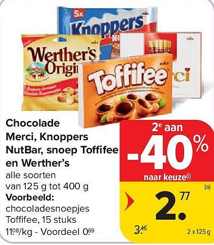 Chocolade Merci, Knoppers NutBar, snoep Toffifee en Werther’s