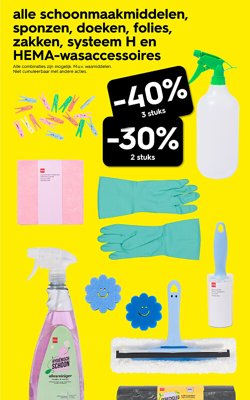 alle schoonmaakmiddelen, sponzen, doeken, folies, zakken, systeem H en HEMA-wasaccessoires