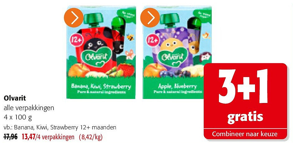 Olvarit Banana, Kiwi, Strawberry 12+ maanden