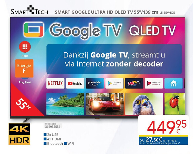 SMART GOOGLE ULTRA HD QLED TV 55’’/139 cm LE-55VHQ5