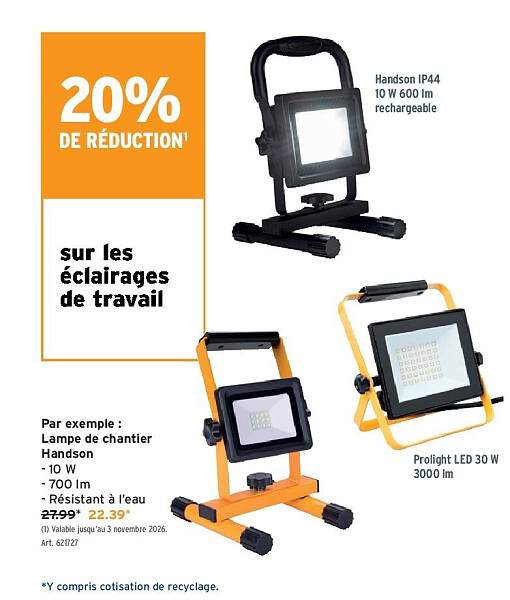 sur les éclairages de travail