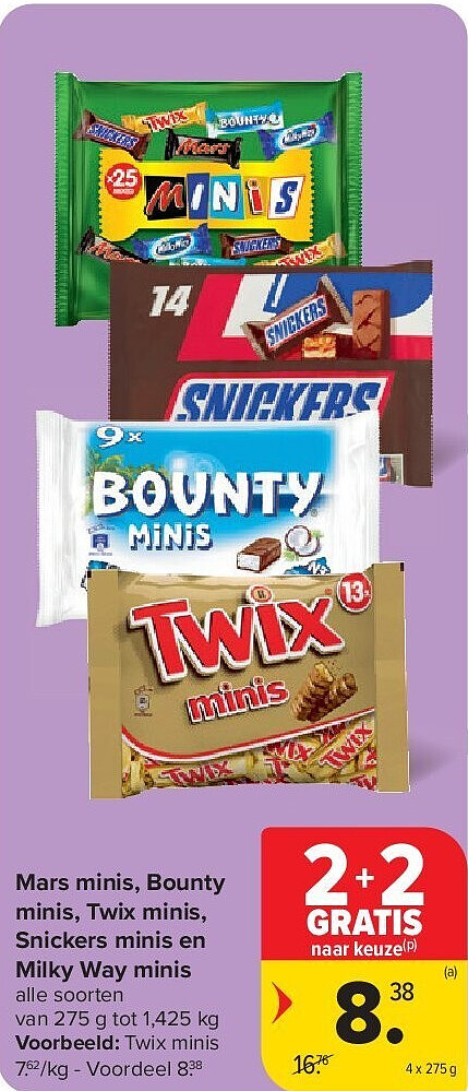 Mars minis, Bounty minis, Twix minis, Snickers minis en Milky Way minis
