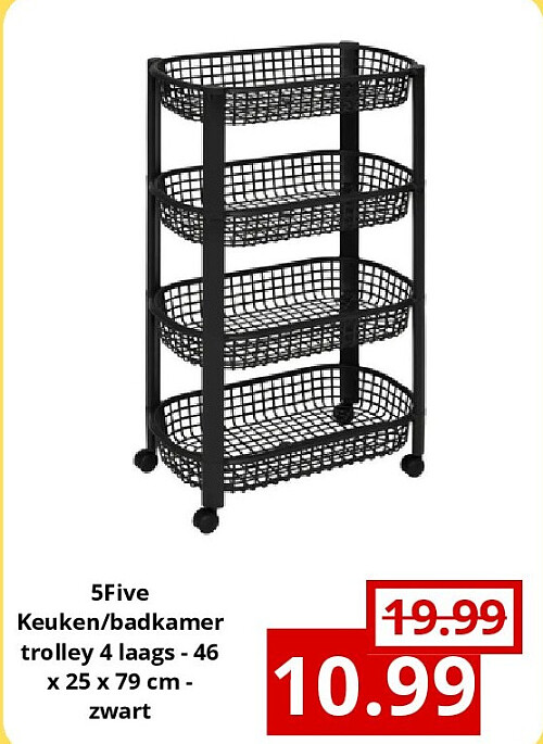 5Five Keuken/badkamer trolley 4 laags - 46 x 25 x 79 cm - zwart
