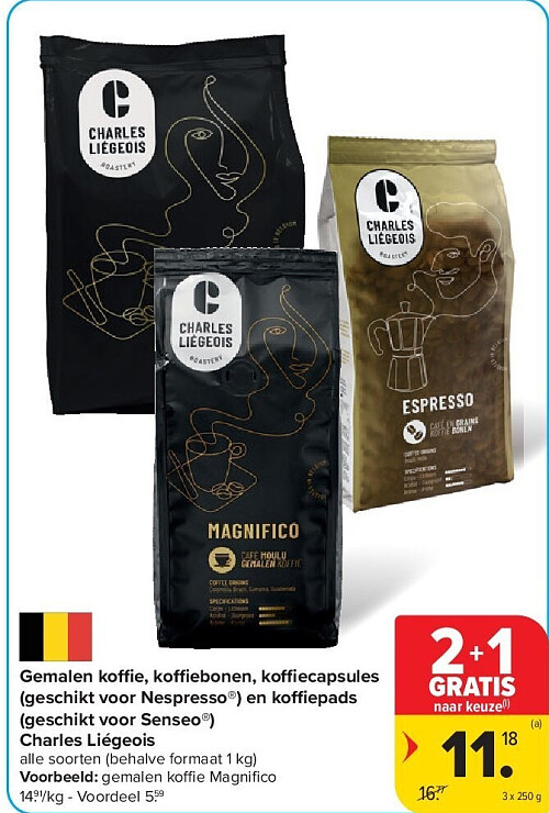 Gemalen koffie, koffiebonen, koffiecapsules (geschikt voor Nespresso®) en koffiepads (geschikt voor Senseo®) Charles Liégeois