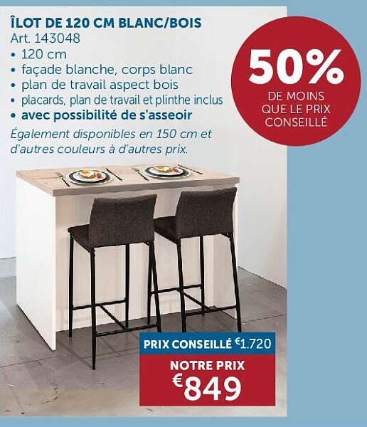 ÎLOT DE 120 CM BLANC/BOIS