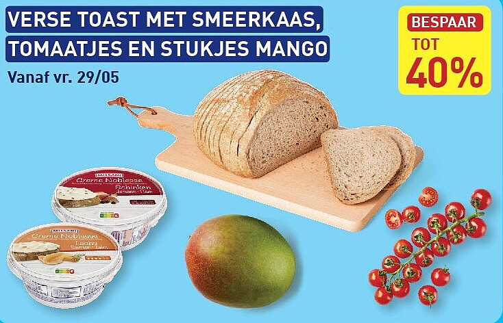 VERSE TOAST MET SMEERKAAS, TOMAATJES EN STUKJES MANGO