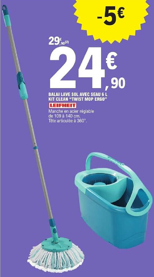 Balai lave-sol avec seau 6 L Kit Clean Twist Mop Ergo
