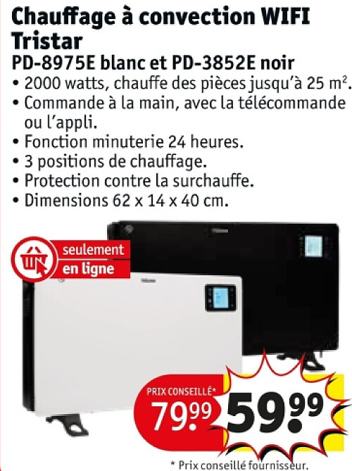 Chauffage à convection WIFI Tristar PD-8975E blanc et PD-3852E noir
