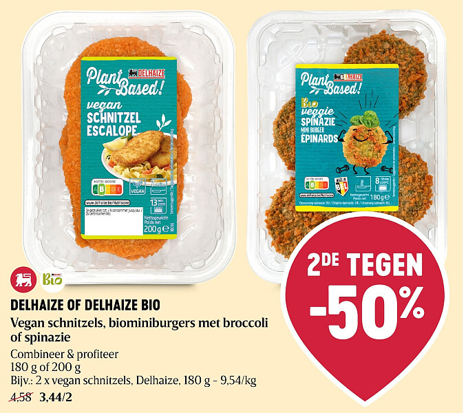 DELHAIZE OF DELHAIZE BIO Vegan schnitzels, biominiburgers met broccoli of spinazie