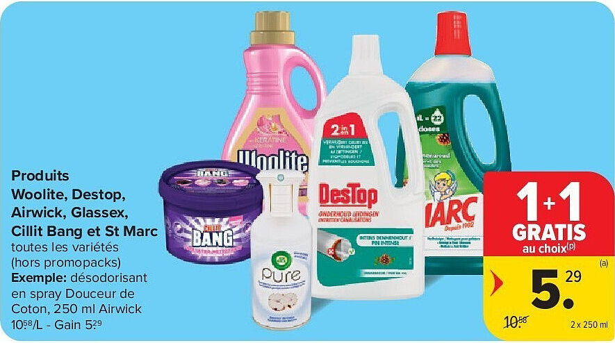 Produits Woolite, Destop, Airwick, Glassex, Cillit Bang et St Marc 2 x 250 ml