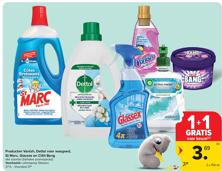 Producten Vanish, Dettol voor wasgoed, St Marc, Glassex en Cillit Bang