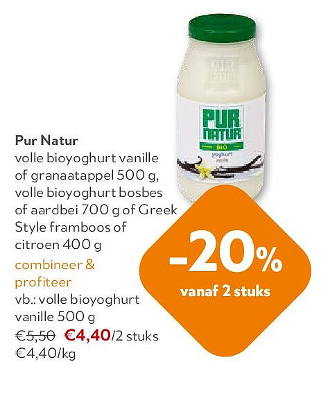 Pur Natur volle bioyoghurt vanille 500 g