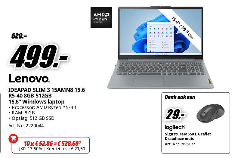 Lenovo IDEAPAD SLIM 3 15AMN8 15.6 R5-40 8GB 512GB 15.6” Windows laptop