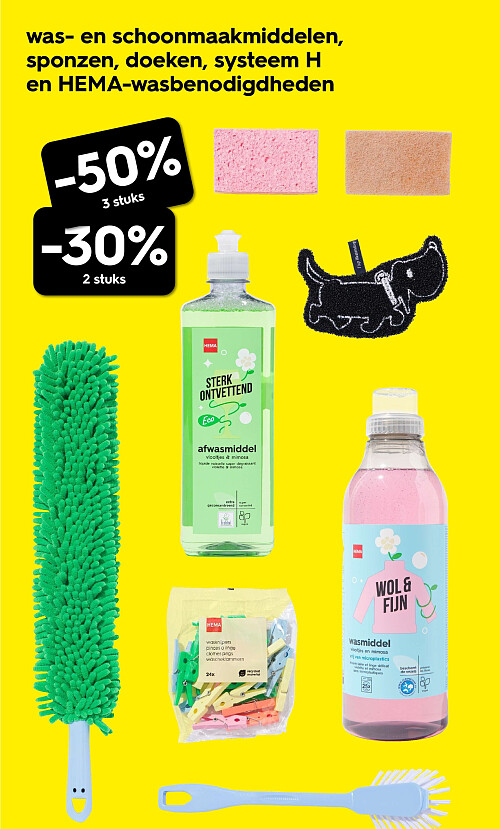 was- en schoonmaakmiddelen, sponzen, doeken, systeem H en HEMA-wasbenodigdheden