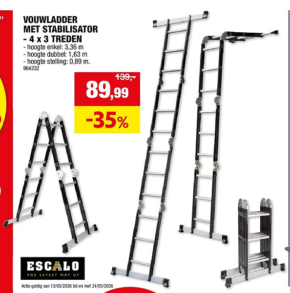 VOUWLADDER MET STABILISATOR - 4 x 3 TREDEN