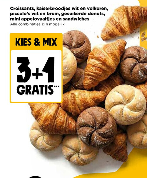 Croissants, kaiserbroodjes wit en volkoren, piccolo’s wit en bruin, gesuikerde donuts, mini appelovaaltjes en sandwiches