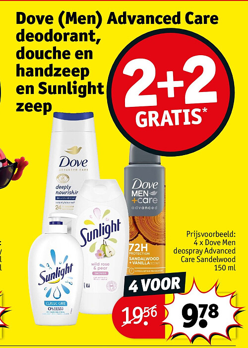 Dove (Men) Advanced Care deodorant, douche en handzeep en Sunlight douche en handzeep