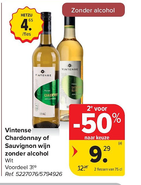 Vintense Chardonnay of Sauvignon wijn zonder alcohol