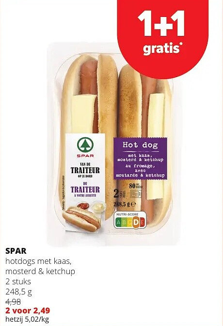 SPAR hotdogs met kaas, mosterd & ketchup 2 stuks 248,5 g