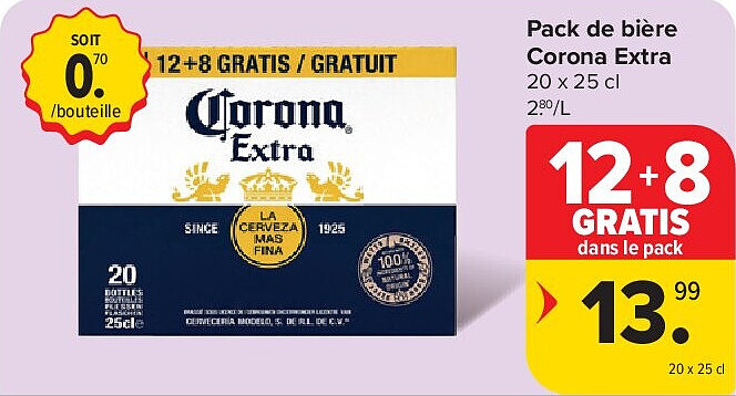 Pack de bière Corona Extra 20 x 25 cl