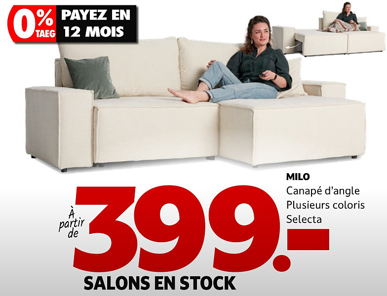MILO Canapé d’angle Plusieurs coloris Selecta