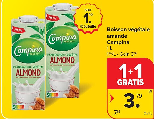 Boisson végétale amande Campina 2 x 1 L