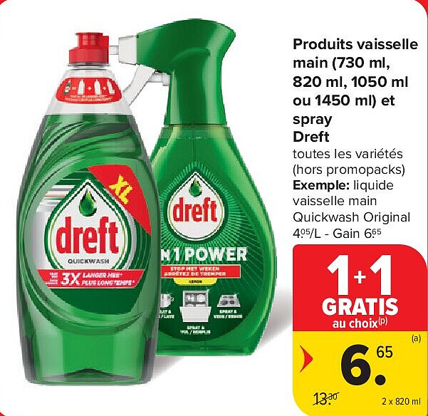 Produits vaisselle main (730 ml, 820 ml, 1050 ml ou 1450 ml) et spray Dreft 2 x 820 ml