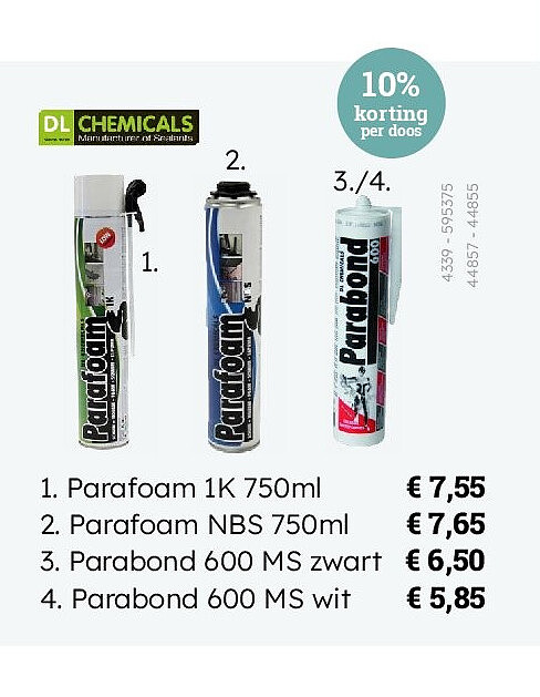 1. Parafoam 1K 750ml 2. Parafoam NBS 750ml 3. Parabond 600 MS zwart 4. Parabond 600 MS wit