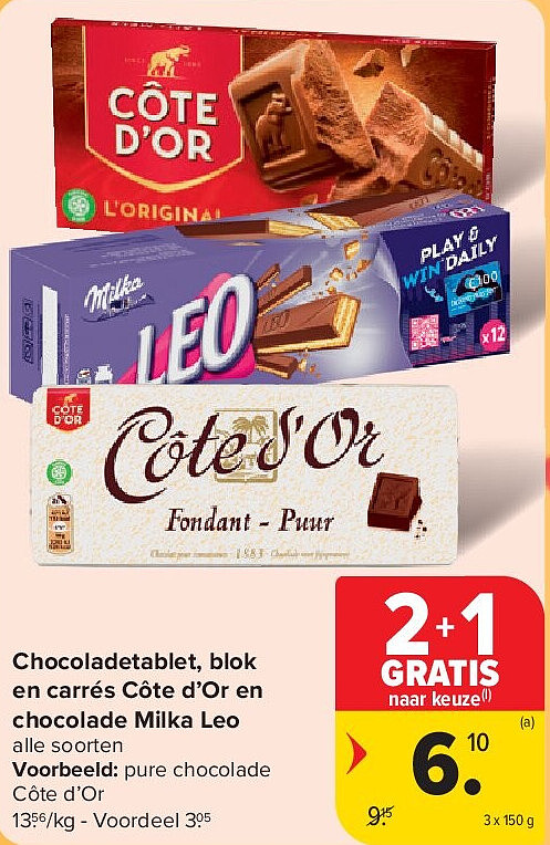 Chocoladetablet, blok en carrés Côte d’Or en chocolade Milka Leo