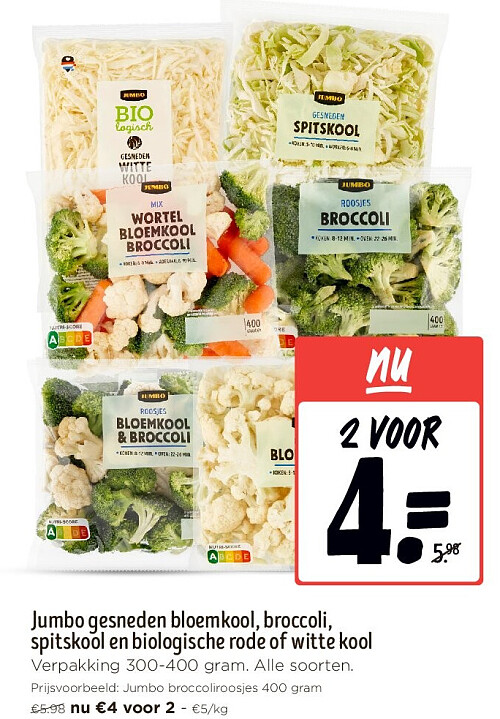 Jumbo gesneden bloemkool, broccoli, spitskool en biologische rode of witte kool
