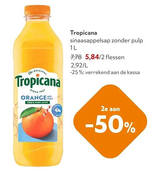 Tropicana sinaasappelsap zonder pulp 1L