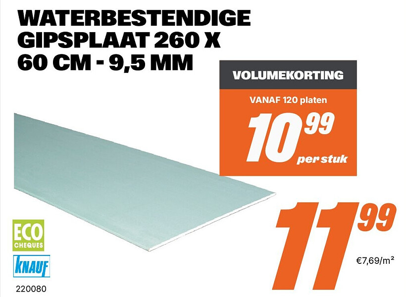 WATERBESTENDIGE GIPSPLAAT 260 X 60 CM - 9,5 MM