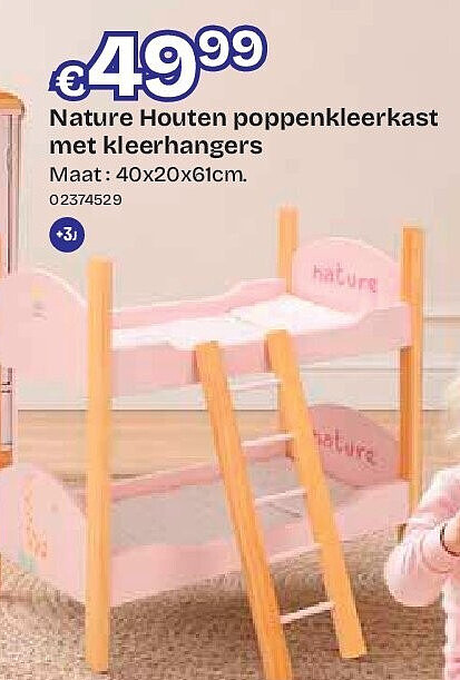 Nature Houten poppenkleerkast met kleerhangers