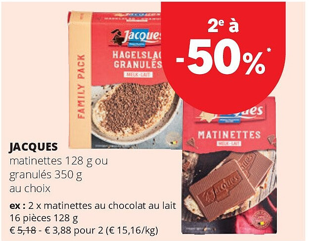JACQUES matinettes au chocolat au lait 16 pièces 128 g