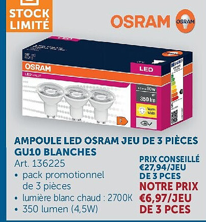 AMPOULE LED OSRAM JEU DE 3 PIÈCES GU10 BLANCHES