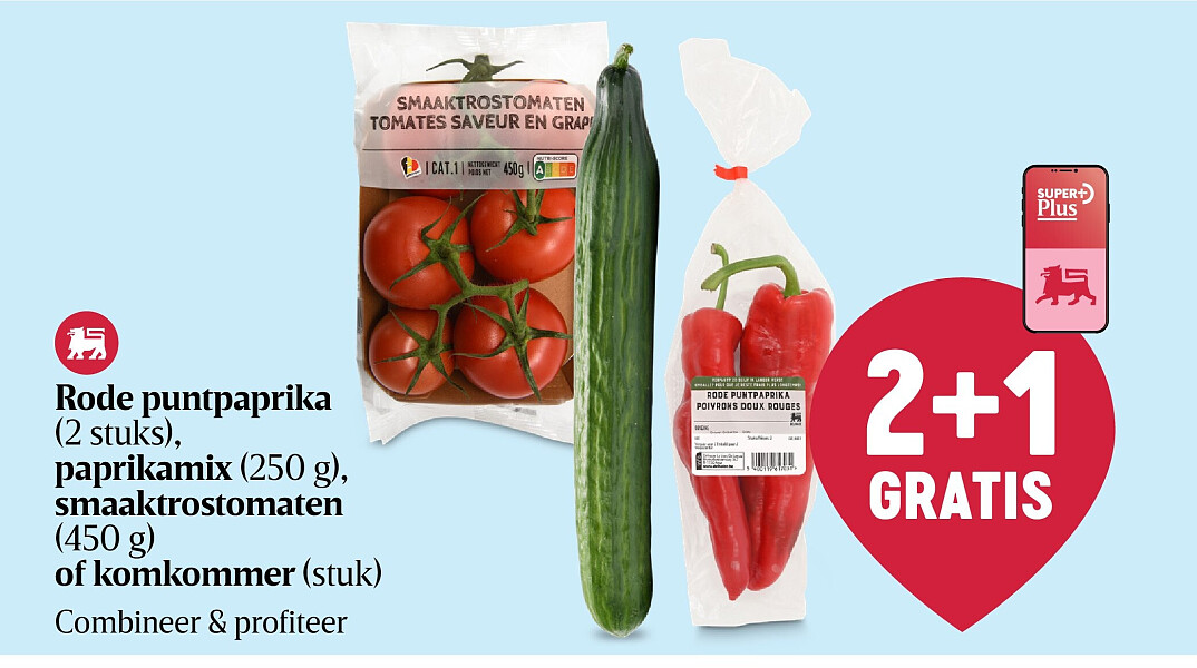 Rode puntpaprika (2 stuks), paprikamix (250 g), smaaktrostomaten (450 g) of komkommer (stuk)