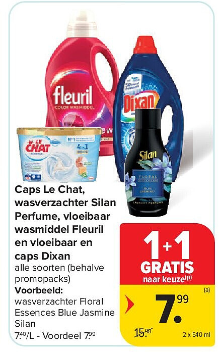 Caps Le Chat, wasverzachter Silan Perfume, vloeibaar wasmiddel Fleuril en vloeibaar en caps Dixan
