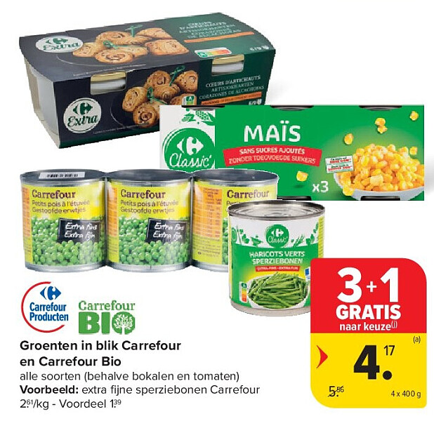 Groenten in blik Carrefour en Carrefour Bio
