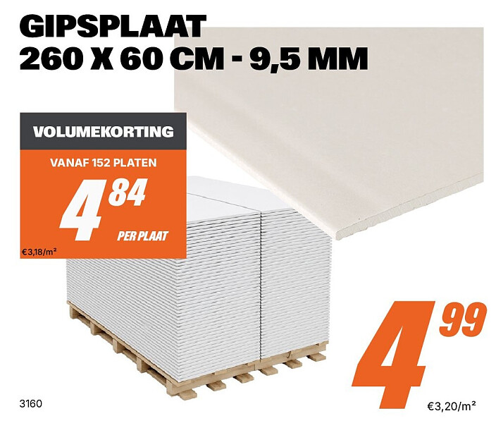 GIPSPLAAT 260 X 60 CM - 9,5 MM
