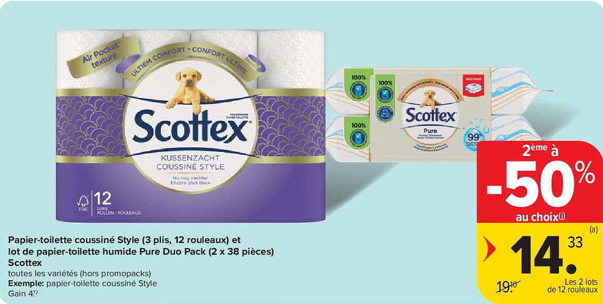 Papier-toilette coussiné Style (3 plis, 12 rouleaux) et lot de papier-toilette humide Pure Duo Pack (2 x 38 pièces) Scottex