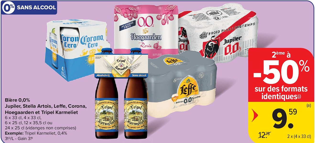 Bière 0,0% Jupiler, Stella Artois, Leffe, Corona, Hoegaarden et Tripel Karmeliet 2 x (4 x 33 cl)