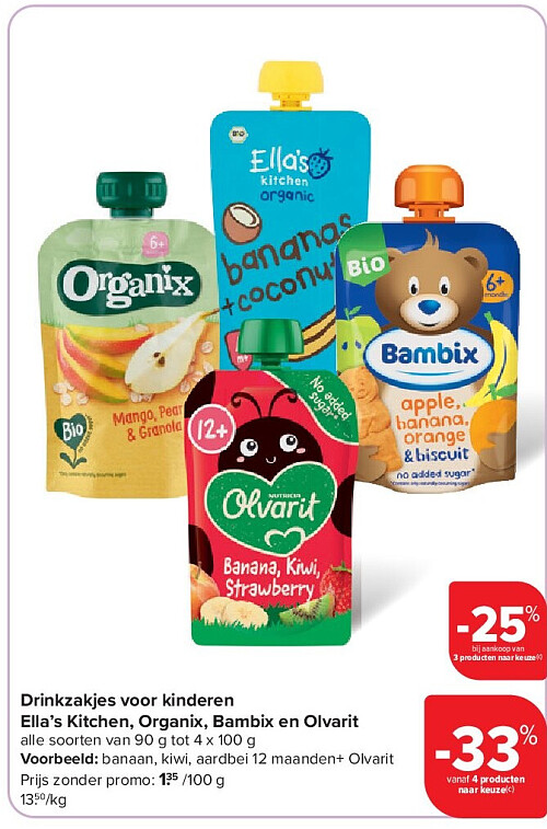 Drinkzakjes voor kinderen Ella’s Kitchen, Organix, Bambix en Olvarit