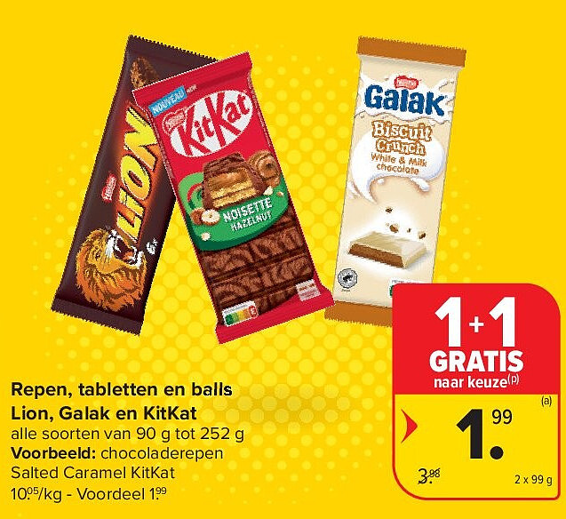 Repen, tabletten en balls Lion, Galak en KitKat